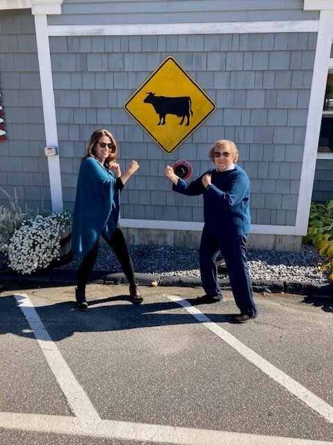 Joanne and I just had to meet up again for lunch (outside) — here we are last week duking it out to see who would get the check! Photo courtesy of a good-humored staff member at the Flying Goose in New London.